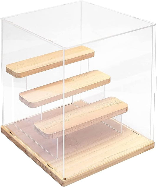 Choowin 4 Tier Small Clear Acrylic Display Case for Collectibles, Mini Figures, Pop Mart, Labubu, Sonny Angel, Smiski - Assemble Dustproof Acrylic Display Box with Door, Stand (Wood Base Step)