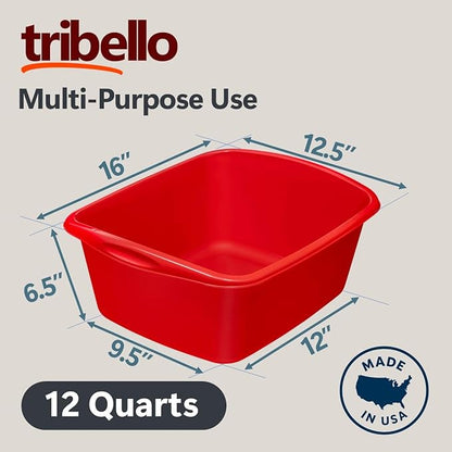Tribello 2-Pack Dish Pans for Kitchen Sink, Plastic Tub Dishpan Wash Basin and Foot Bath for Soaking Feet, Wash Bucket for Washing and Storage Cleaning Supplies - 12 Quarts - Heavy Duty - (Red)