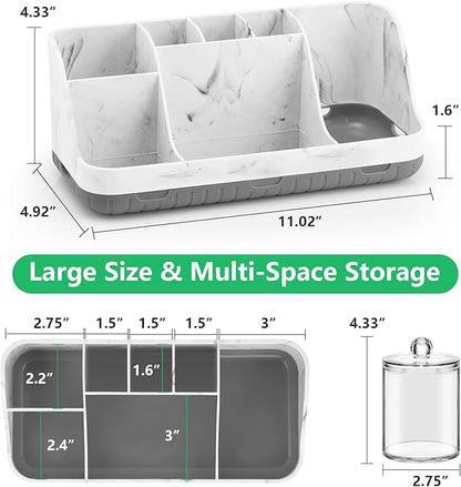 Bathroom Toothbrush Holder Set with 2 Pack Qtip Holder Dispenser - Detachable 7 Slots Bathroom Accessory Set, Kids Marble Bathroom Sink Counter Set, Bathroom Essentials Decor, Grey
