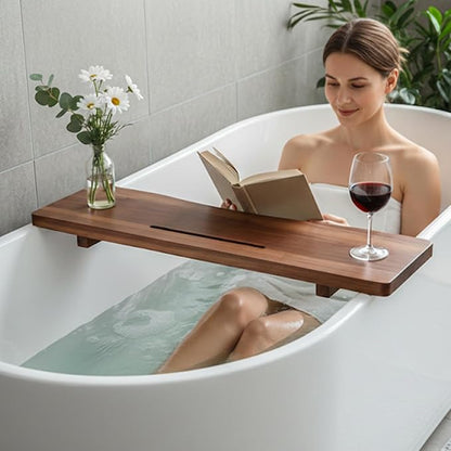Acacia Wood Bathtub Tray Caddy for Freestanding Tub, 35 Inch Adjustable Bath Tray for Tub, Luxury Spa Bathroom Tray Organizer Table, Bath Tub Accessories for Women, Housewarming, Birthday Gifts