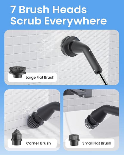 Leebein Electric Spin Scrubber, 2025 New Cordless Cleaning Brush Bathroom Scrubber, IPX7 Waterproof Shower Scrubber with 7 Brush Heads, Extendable Long Handle and 2 Speeds Scrubber for Bathtub Floor