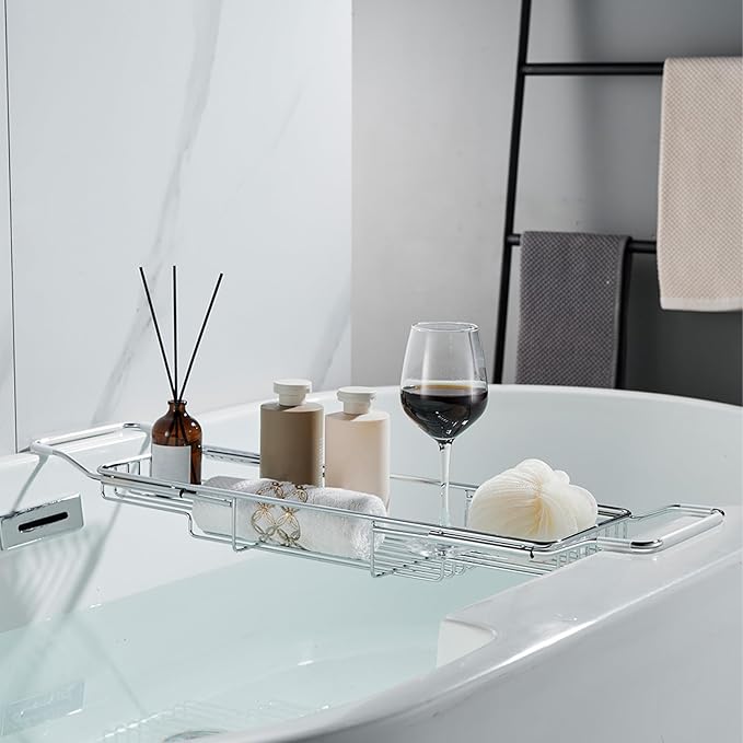 Stainless Steel Bathtub Caddy Tray, Expandable Bath Tub Tray Table, Adjustable Bathroom Tray, Bath Organizer Tub Shelf,Black,26.8~35.4in