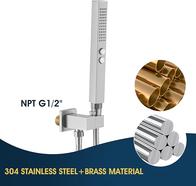 All-Metal High Pressure Square Handheld Shower Head with Jet Spray and Rainfall Modes, Volume Control Regulator, ON/OFF Switch, Hose and Wall Mounted Adjustable Bracket,Brushed Nickel Color