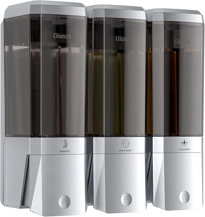 Shampoo and Conditioner Dispenser Wall Mounted No Drill, Shower Soap Dispenser 3 Chamber Shampoo Conditioner Body Wash Refillable 3 * 17oz Shower Soap Dispenser for Bathroom Hotel, Silver+Smoke Gray