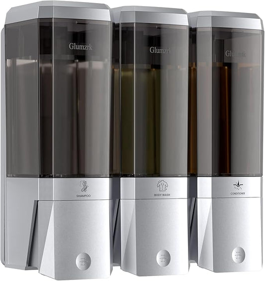 Shampoo and Conditioner Dispenser Wall Mounted No Drill, Shower Soap Dispenser 3 Chamber Shampoo Conditioner Body Wash Refillable 3 * 17oz Shower Soap Dispenser for Bathroom Hotel, Silver+Smoke Gray