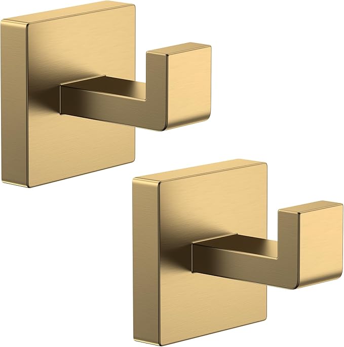 Kruodop 2 PCS Towel Hooks for Bathroom, Wall Mount Towel Holder, Black Matte Wall Robe Hook,Square Stainless Steel Door Hanger Towel Hook for Kitchen, Bedroom,Hotel,Pool,Coats（Gold）