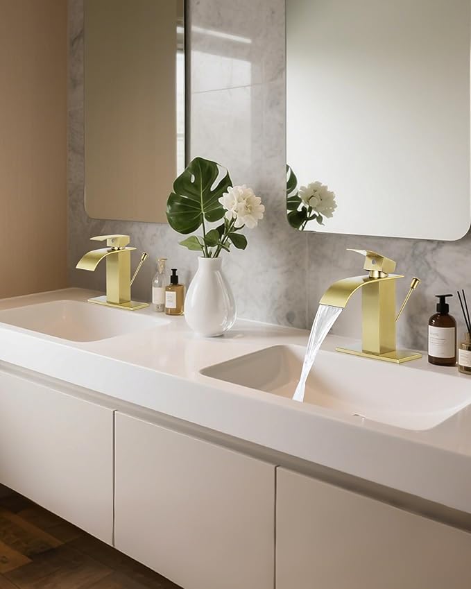 Bathroom Faucets with Lift Rod Drain Brushed Gold Waterfall Bathroom Sink Faucet Modern Single Handle Bathroom Faucet for 1 or 3 Hole Mxier Tap Washbasin Faucet with Deck