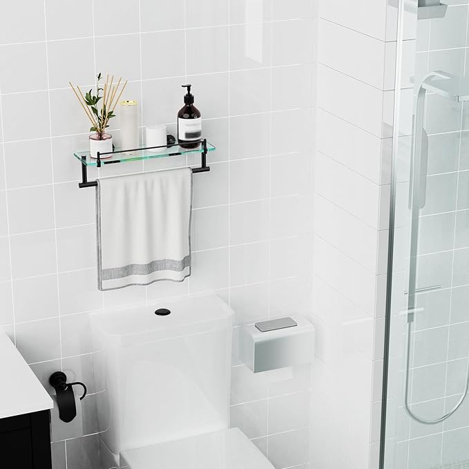 Bathroom Towel Rack with Tempered Glass Shelf 16 Inch, Matte Black Floating Wall Mount Storage
