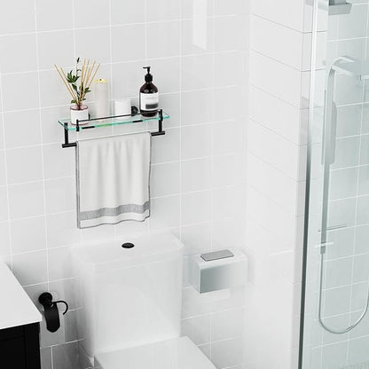 Bathroom Towel Rack with Tempered Glass Shelf 16 Inch, Matte Black Floating Wall Mount Storage