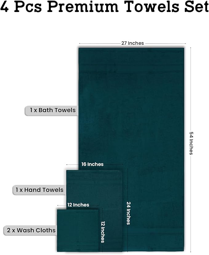 Casa Lino 4 Piece Bath Towel Set | 1 Bath Towel, 2 Wash Cloth, 1 Hand Towels | Bathroom Essentials for New Home, 100% Cotton Luxury Towels, Highly Absorbent Bathroom Set, Teal.