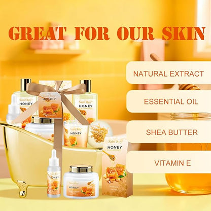 Christmas Gifts for Women Bath & Body Gift Set, Luxury Home Spa Bath Gift Basket, Honey Almond Scented Bath Set, Pamper Gifts Birthday gifts & Teens, Spa Kit Gift, Home Spa Gifts for Men Dad
