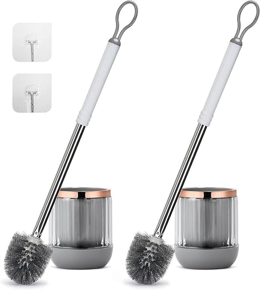 Toilet Bowl Brush and Holder 2 Pack Long Handle Toilet Brush for Bathroom with Separate Base for Floor and Wall Mounted Plastic Toilet Brush Set Under The Rim Household Cleaning (White)