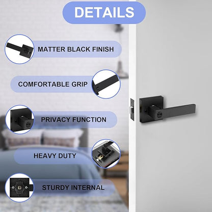 Privacy Door Levers, 5 Pack Matte Black Door Handles, Bed and Bath Door Locksets Heavy Duty Keyless Interior Handles, Reversible for Left Right Handed Doors