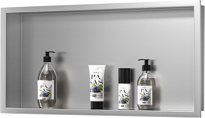 Stainless Steel Shower Niche 24" X 12" Brushed No Tile Needed Niche Shower Recessed Wall Horizontal Niches for Bathroom Storage Over Mount Installation