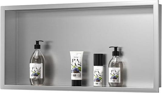 Stainless Steel Shower Niche 24" X 12" Brushed No Tile Needed Niche Shower Recessed Wall Horizontal Niches for Bathroom Storage Over Mount Installation