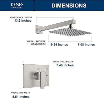 KENES Brushed Nickel 10-Inch Shower Head and Handle Set, Square Shower Faucet Set Bathroom Rainfall Shower System Wall Mount, KE-6024B (Shower Valve Included)