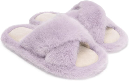 Chantomoo Womens Slippers Memory Foam Fuzzy Cross Band Faux Fur Slippers for Women Gift
