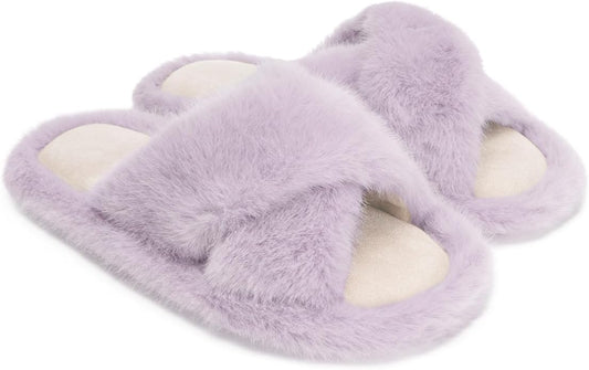 Chantomoo Womens Slippers Memory Foam Fuzzy Cross Band Faux Fur Slippers for Women Gift