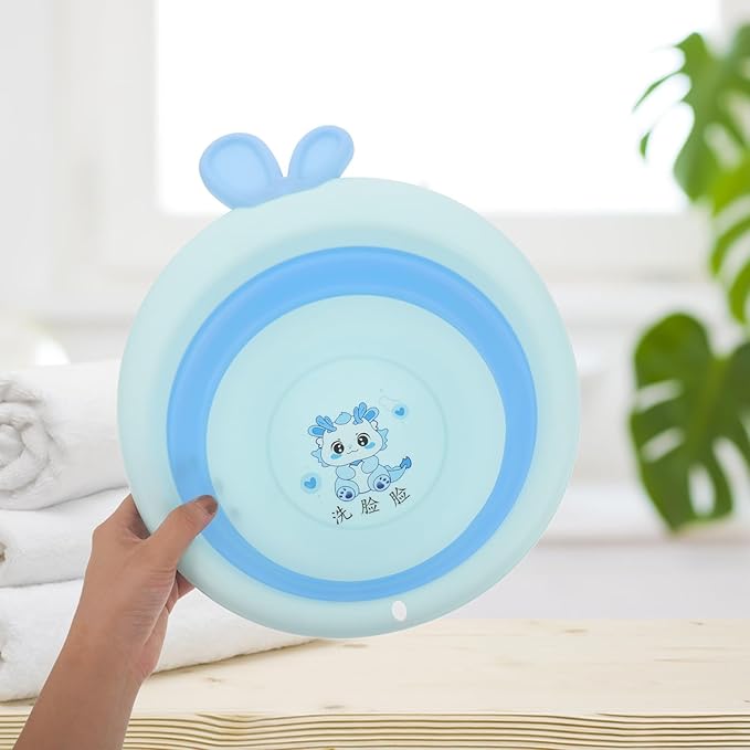 Collapsible Wash Basin and Portable Sink Tub for Newborns, Cartoon Blue, Lightweight Plastic Foldable Washbasin for Travel and Home Bathing
