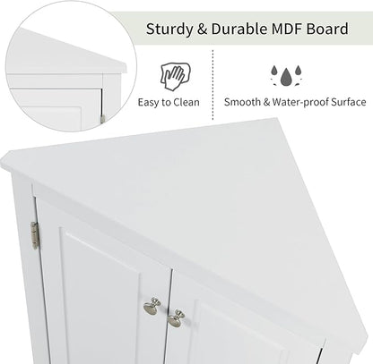 Corner Storage Cabinet with Adjustable Shelves, Triangle Bathroom & Kitchen Organizer, Freestanding Floor Cabinet for Toilet Kitchen Bathroom Cleaning Supplies (White)