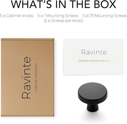 Ravinte 5 Pack Drawer Pulls 1-1/4 Inch Matte Black Kitchen Cabinet Knobs Solid Round Black Dresser Handles for Simple Cupboard Hardware
