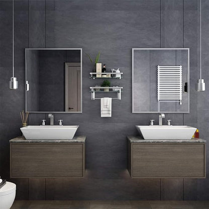 VOLPONE Glass Bathroom Shelf 15.7in Bathroom Shelf Wall Mounted Floating Glass Shelves with Towel Holder Glass Shelf for Bathroom 2 Tier (Sliver)