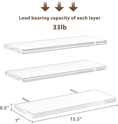 Acrylic Floating Shelves for Wall, Wall Mounted Shelf for Storage and Decor, Floating Shelf Organizer for Bedroom, Living Room, Bathroom, Kitchen (Clear, 15.5" W x 7" D x 0.5" H)