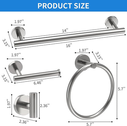 Brushed Nickel Bathroom Accessories, Bathroom Hardware Set, SUS304 Stainless Steel Bathroom Towel Holder Set, 16 Inch Towel Bar Set 5 Pcs, 2 Towel Hooks, Toilet Paper Holder, Towel Ring