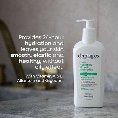 Dermaglos Moisturizing Body Cream | Hydration + Rapid Absorption, 24Hour Duration | Daily moisturizer For all Skin Types Even Sensitive | With Vitamin A, Vitamin E, Allantoin, Glycerin | 10.58 Oz