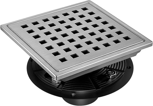 morefine Square Shower Drain with Flange, Shower Drain 6 inch with Removable Grate Cover, SUS 304 Stainless Steel, Brushed Nickel