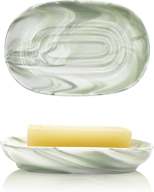 Elegant Ceramic Soap Dish for Shower with Unique Marble Texture, Decorative Bar Soap Holder for Bathroom & Kitchen, Easy Clean Versatile Oval Soap Dishes for Soap Bar