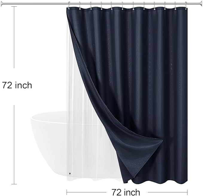 MitoVilla 3 in 1 Shower Curtain Set, Navy Blue Boho Farmhouse Linen Textured Bath Curtain and Clear PEVA Liner Set with 12 Double Sided Steel Hooks, Waterproof Fabric Hotel Bathroom Curtain - 72x72