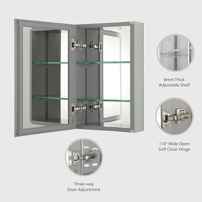 Blossom 15x26 Inch Aluminum Medicine Cabinet with Mirror – Recessed or Surface Wall Mounted Bathroom Storage with Adjustable Glass Shelves, Soft Close Hinges, Rust-Resistant and Modern Mirrored Design
