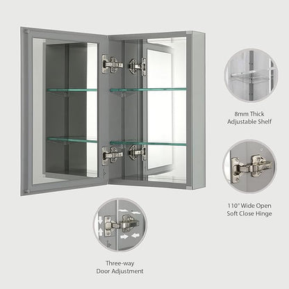 Blossom 15x26 Inch Aluminum Medicine Cabinet with Mirror – Recessed or Surface Wall Mounted Bathroom Storage with Adjustable Glass Shelves, Soft Close Hinges, Rust-Resistant and Modern Mirrored Design