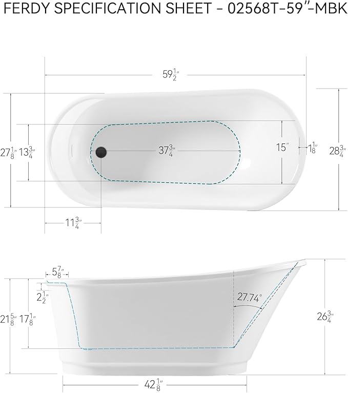 FerdY Langkawi 59" Acrylic Freestanding Bathtub, White Modern Stand Alone Soaking Bathtub, cUPC Certified, Matte Black Drain and Minimalist Linear Design Overflow Included, Easy to Install