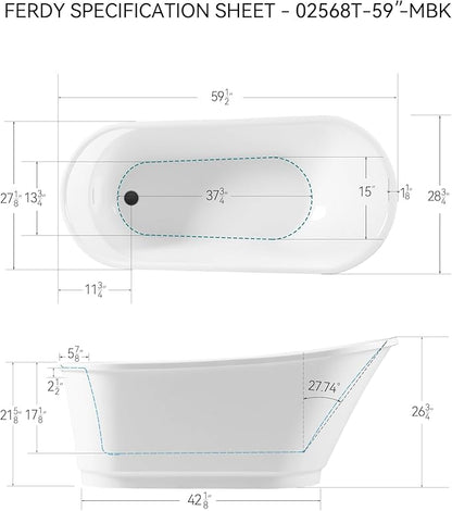 FerdY Langkawi 59" Acrylic Freestanding Bathtub, White Modern Stand Alone Soaking Bathtub, cUPC Certified, Matte Black Drain and Minimalist Linear Design Overflow Included, Easy to Install