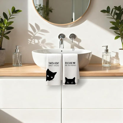 Funny Black Cat Bathroom Hand Towels, Cat Bathroom Decor, Sweet Cheeks Funny Kitten Kitty Decorative Hand Tea Towels for Washroom Restroom, 16x24 Inches Set of 2