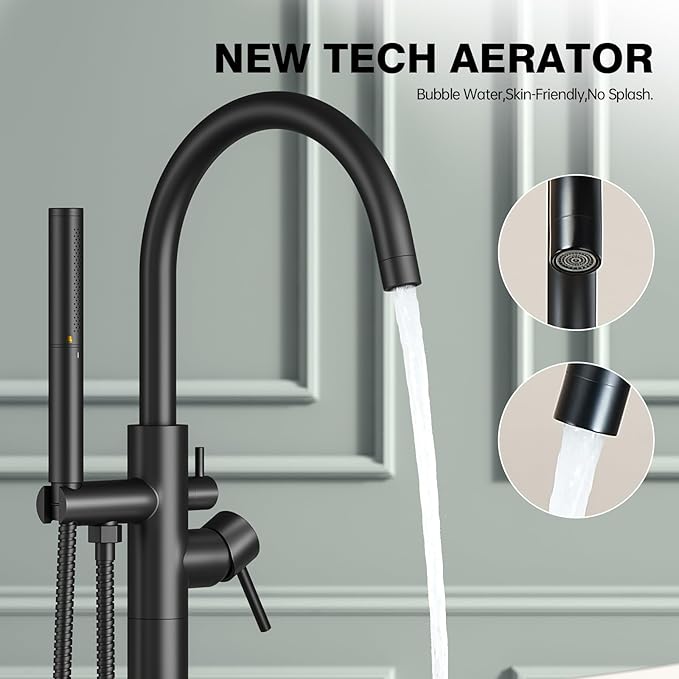 Freestanding Bathtub Faucet Matte Black Tub Filler Floor Mount Free Standing Metal Bathroom Tub Gooseneck Spout With 2 Function Hand Shower