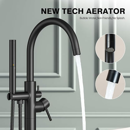 Freestanding Bathtub Faucet Matte Black Tub Filler Floor Mount Free Standing Metal Bathroom Tub Gooseneck Spout With 2 Function Hand Shower
