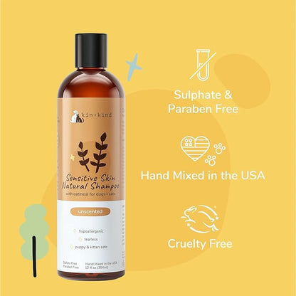kin+kind Oatmeal Shampoo for Dogs & Cats – Natural Anti Itch Pet Shampoo for Sensitive Skin with Colloidal Oatmeal, Coconut Oil & Olive Oil – Moisturizing Oatmeal Bath for Dry, Itchy Skin – 12 fl oz