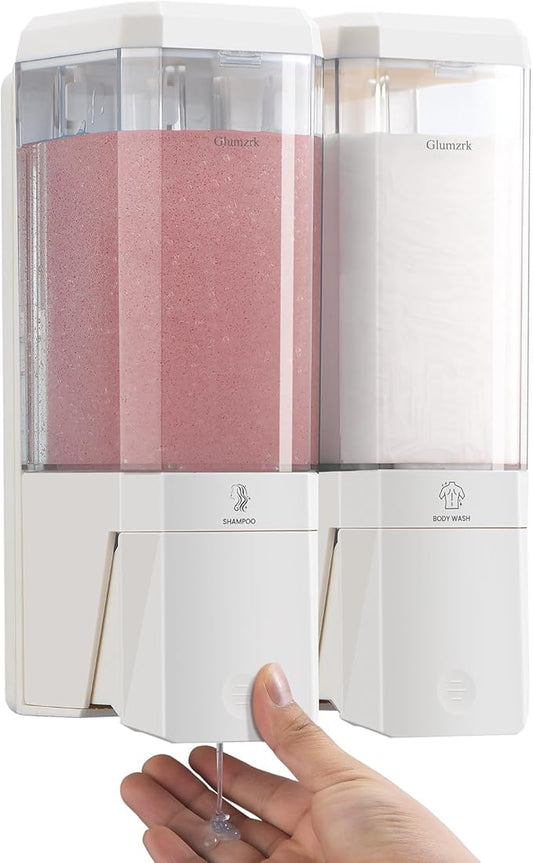 Shampoo and Conditioner Dispenser Wall Mounted No Drill, Shower Soap Dispenser 2 Chamber Shampoo Conditioner Body Wash Refillable 2 * 17oz Shower Soap Dispenser for Bathroom Hotel, White+Clear