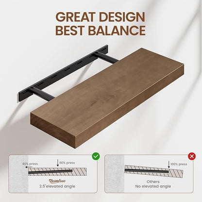 Heimlove 24 inch Floating Shelves for Wall,2 Packs Natural Pine Solid Wood Floating Shelves, 8 inches Deep Wooden Shelves for Kitchen Bedroom Office & Living Room Display Wall Decor