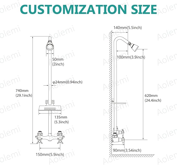 Aolemi Outdoor Shower Kit,Outdoor Shower Fixtures Faucet System with Brass Showerhead,Double Handle Exposed Shower with Brass Mix Valve,6 Inch Center with Soap Dish,Pipe Upward,Matte Black