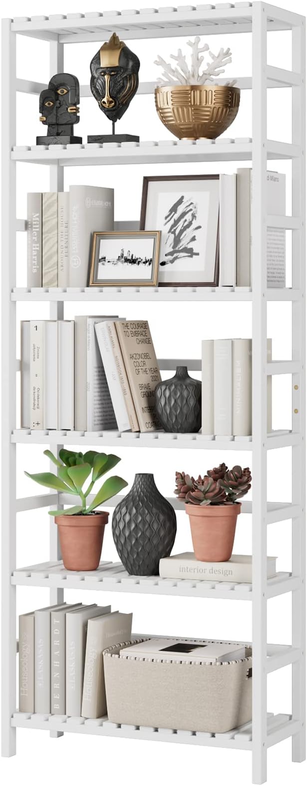 Bamjoy Bamboo Shelf, 6 Tier Bookcase Storage Shelves, Tall Book Rack Shelving Unit, Multipurpose Storage Display Shelf Adjustable Storage Rack for Bathroom Home Office Living Room Kitchen, White