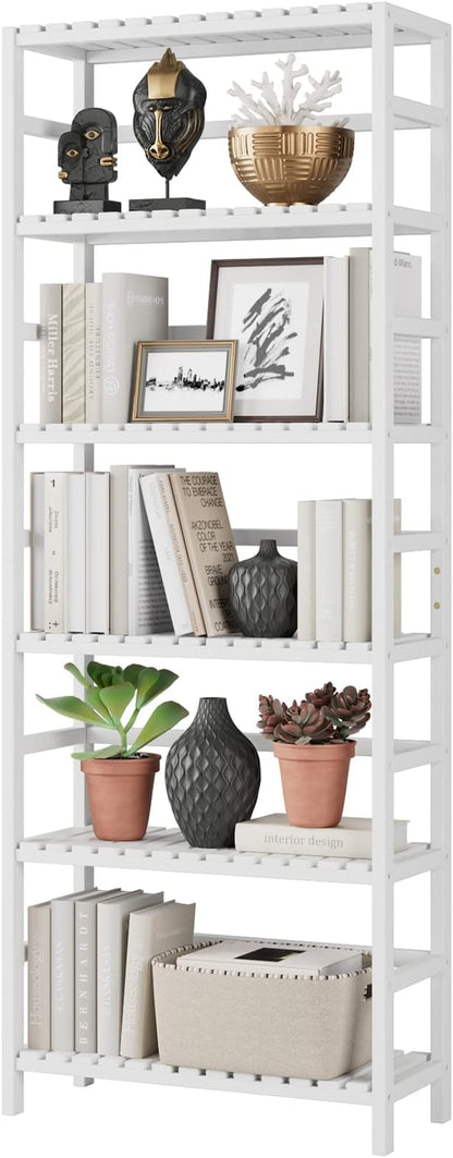 Bamjoy Bamboo Shelf, 6 Tier Bookcase Storage Shelves, Tall Book Rack Shelving Unit, Multipurpose Storage Display Shelf Adjustable Storage Rack for Bathroom Home Office Living Room Kitchen, White