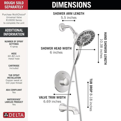 Delta Faucet Albion 14 Series Single-Handle Tub and Shower Faucet Set, Chrome Shower Trim Kit with 4-Setting In2ition 2-in-1 Dual Hand Held Shower Head, Chrome T144855-I (Valve Not Included)