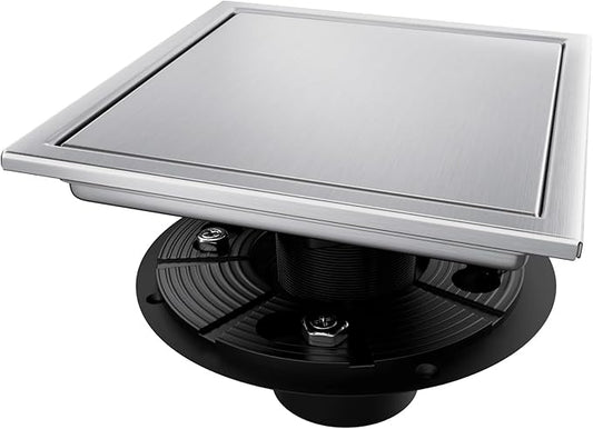 Square Shower Drain, Silver Shower Drain 6 inch with Flange and 2 in 1 Tile-Insert Cover, AISI 304 Stainless Steel Shower Floor Drain with Hair Catcher and Flange