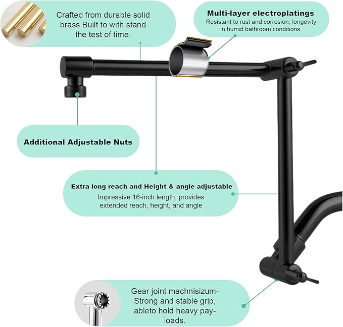 Shower Head Extension Arm, 16 Inch Solid Brass Adjustable Extender with Lock Joint, Height & Angle Adjustable Shower Arm for Rainfall or Fixed Shower Head, G1/2 Connector (Matt Black)