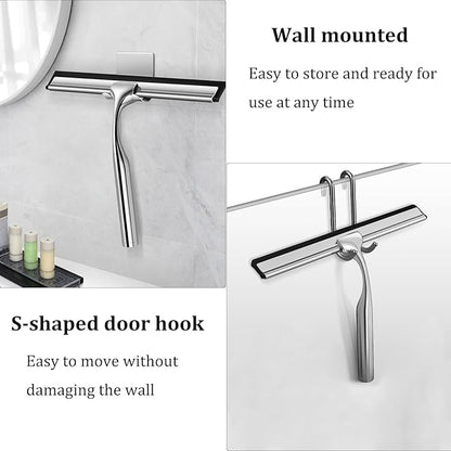 10-Inch Shower Squeegee for Glass Doors, Stainless Steel Shower Squeegee with Shower Door Hook & Adhesive Hook, Multi-Purpose Bathroom Squeegee for Glass, Door, Mirror and Window (Silver)