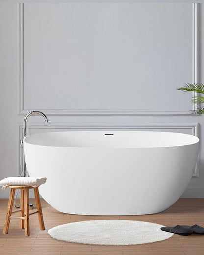 Stone Resin Freestanding Bathtubs,Soklawah 59" Solid Surface Luxury Soaking Tub,Oval Stand Alone Bathroom Bath tub with Drain & Integrated Slotted Overflow,Matte White Elegant Soaker Free Standing Tub